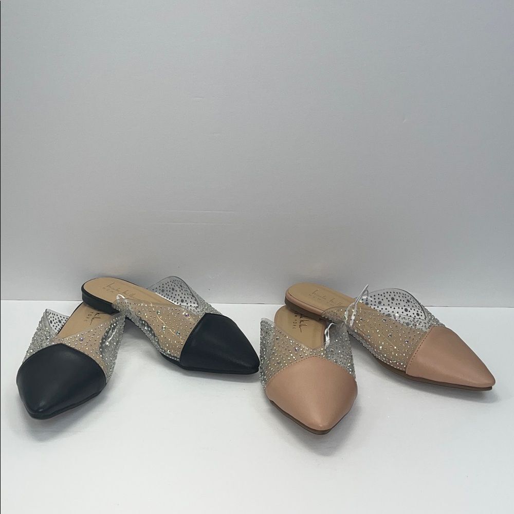 Nicole Miller black and nude pointed-toe rhinestone mules